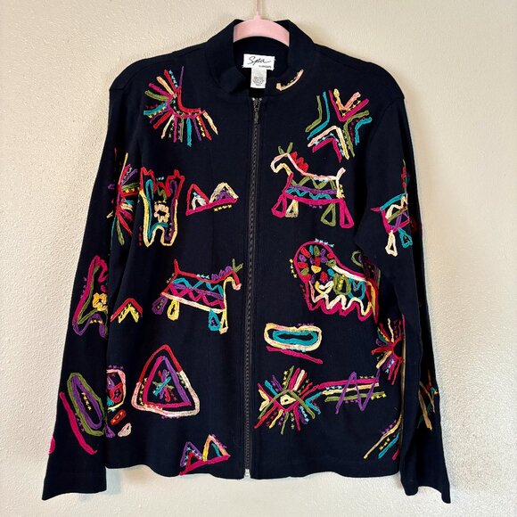 Adorable Abstract Line Art Horse and Lion Black Zipper Jacket Modern Women's L - Picture 1 of 11